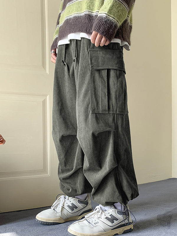 JY グリーン ヴィンテージ メンズ コーデュロイ ビッグ ポケット バウンド フィート ドローストリング カーゴ パンツ/グリーン ヴィンテージ メンズ コーデュロイ パンツ 大きなポケット、タイド フィート、ドローストリング付き