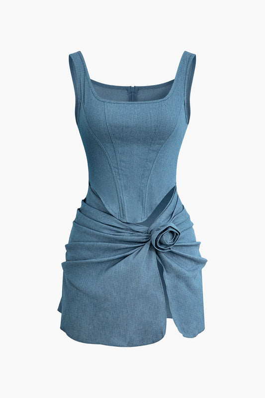 Blue 3D Flower Ruched Tank Denim Dress 