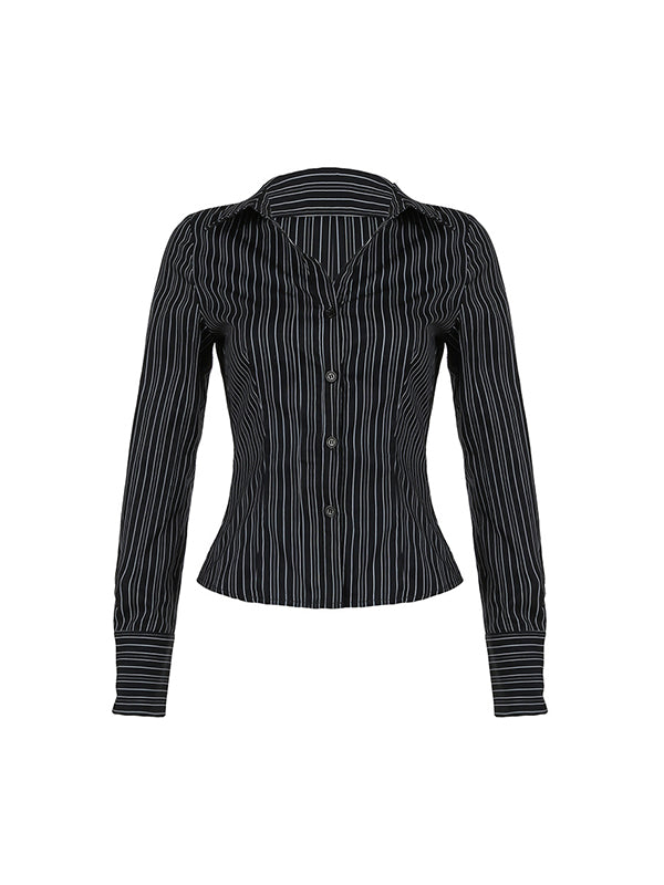 Black Vintage Stripe V Neck Slim Fit Long Sleeve Shirt