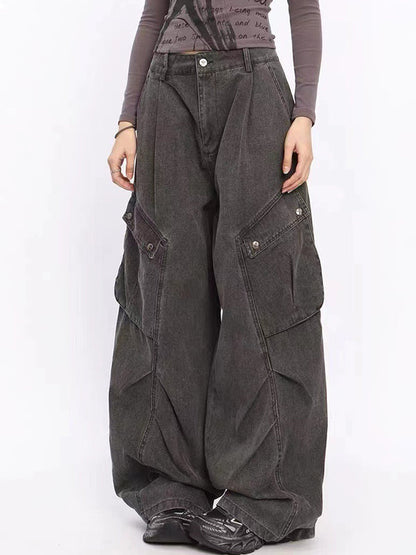 Einfarbige Vintage Washed Boyfriend Jeans mit Plisseetaschen