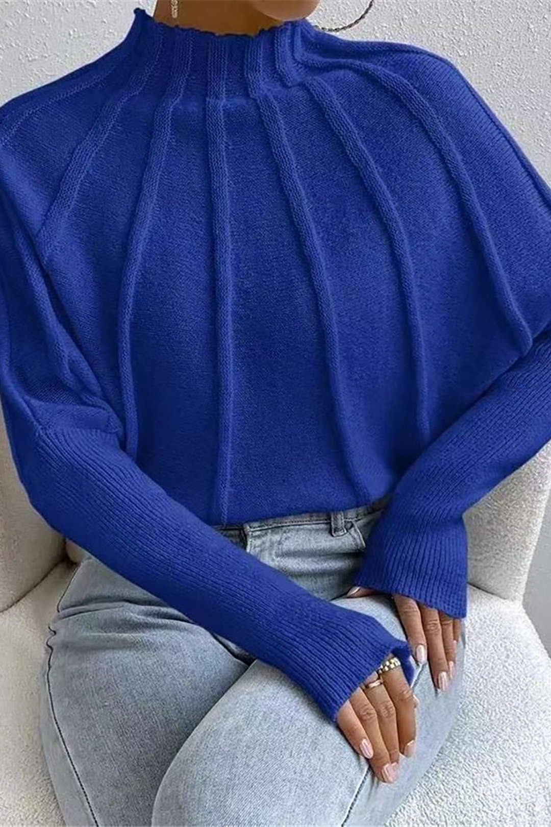 Solid Mock Neck Structured Batwing Sleeve Sweater