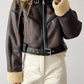 Classic brown leather jacket with lambswool lining and leather splice in short cut 