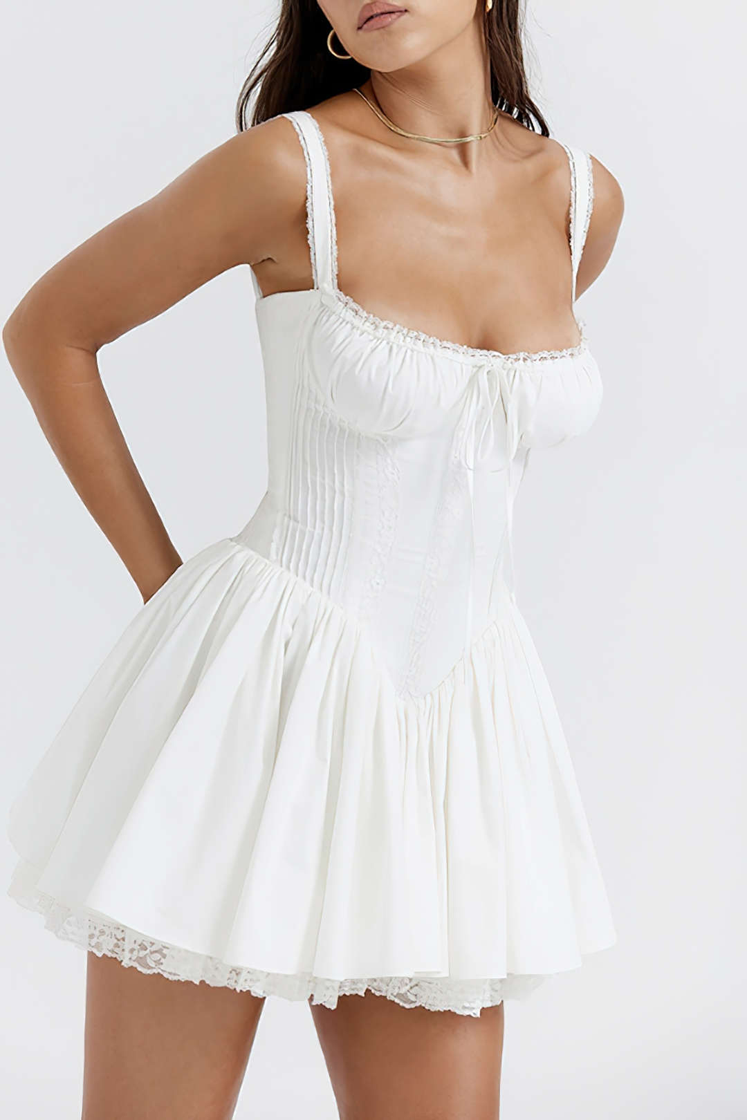 White lace trim mini dress with tie back