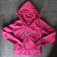 2000s Barbie Pink Hoodie with Letter Rhinestone Print and Zipper in Oversized Style