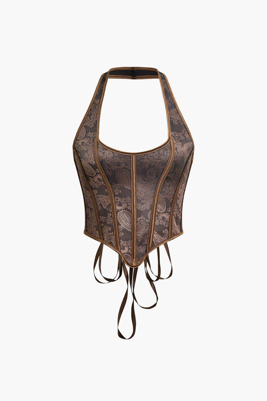 Jacquard Eyelet Tie Up Halter Corset Top