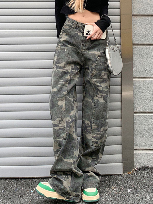 Grüne Camouflage Cargo Jeans mit Wasch Effekt