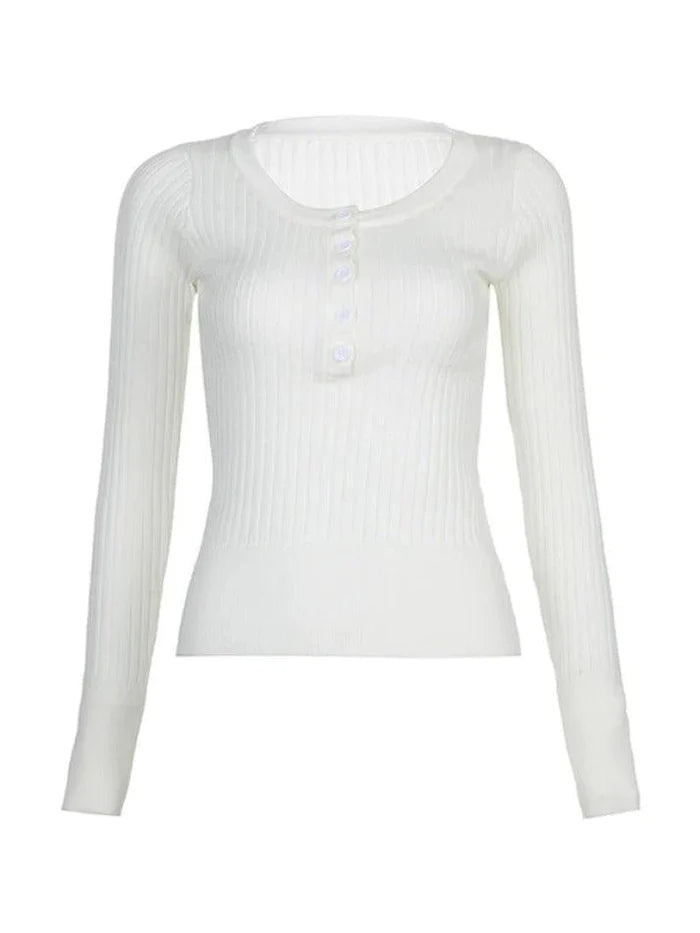 White basic rib knit top with button placket and long sleeves