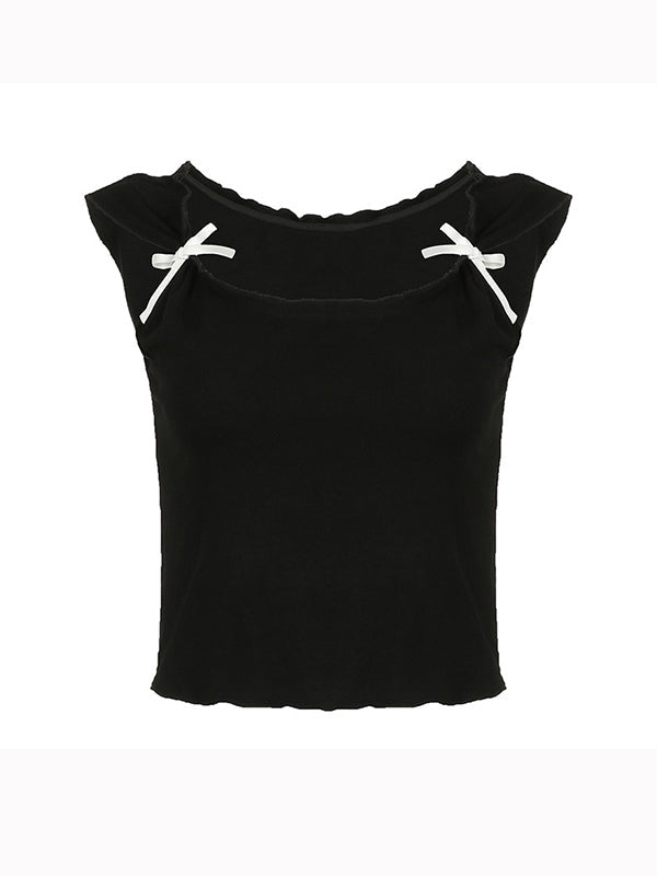 Bow Square Neck Short Sleeve Crop Tee