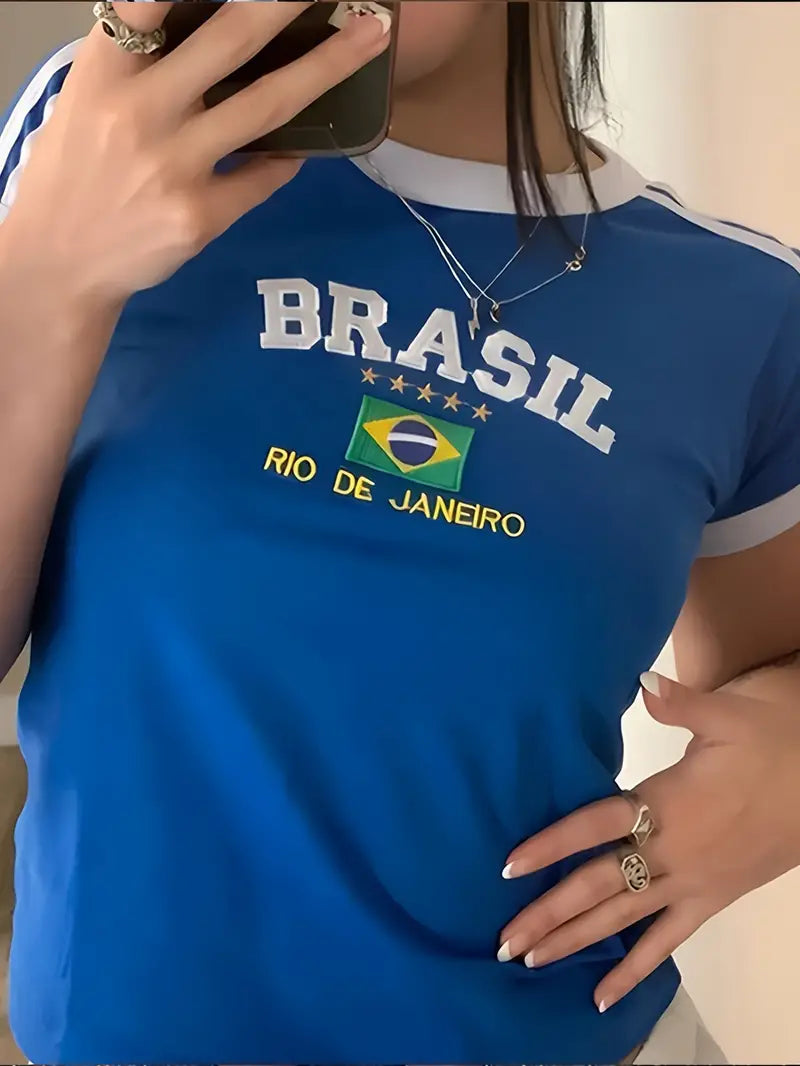 Top corto con finiture con stampa Brasil blu Y2K