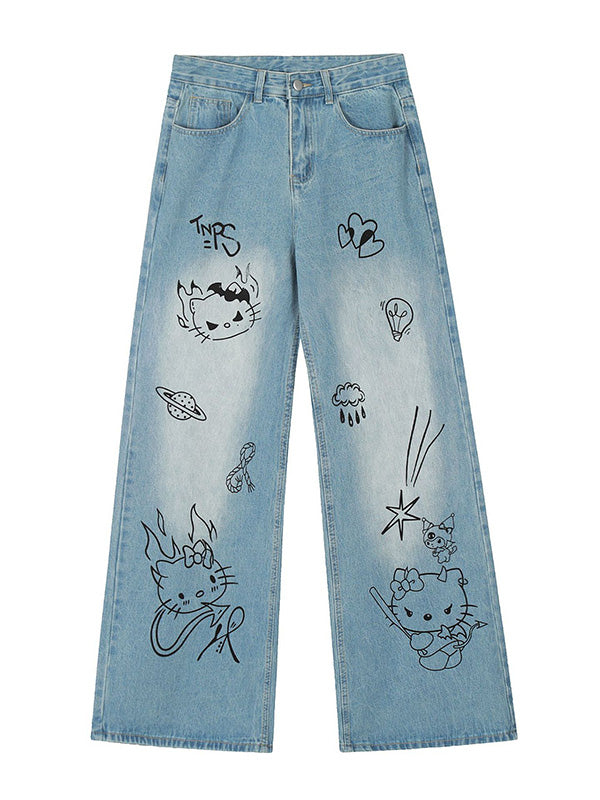 Blue Retro Cute Boyfriend Jeans with Print