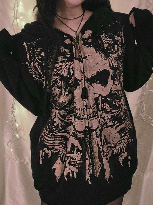 Schwarze Vintage Totenkopf Print Zip Up Oversized Hoodie