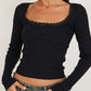 Black Classic Lace Trim Long Sleeve Knit Top with Scoop Neck