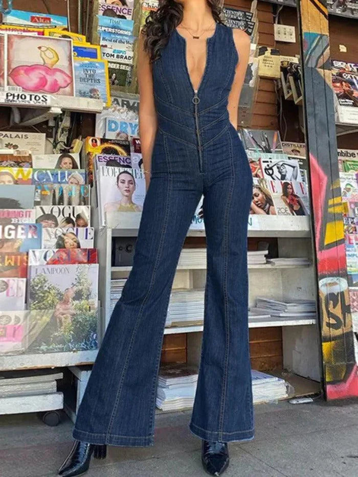 Vintage High Rise Denim Jumpsuit with Zipper