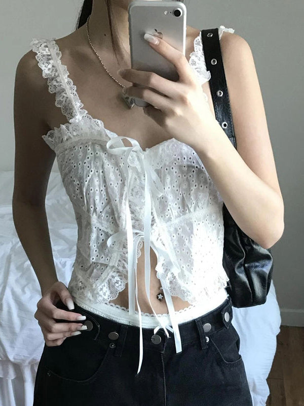 White Fairycore Jacquard Lace Lacing Cami Top