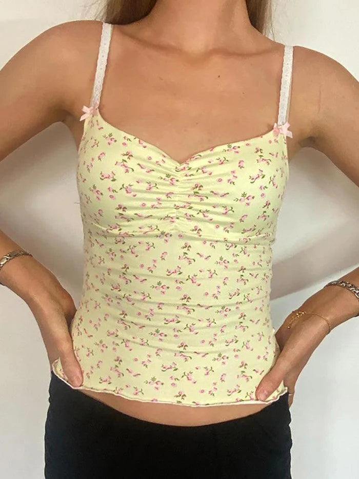 Yellow Y2K ruffle crop top with floral print