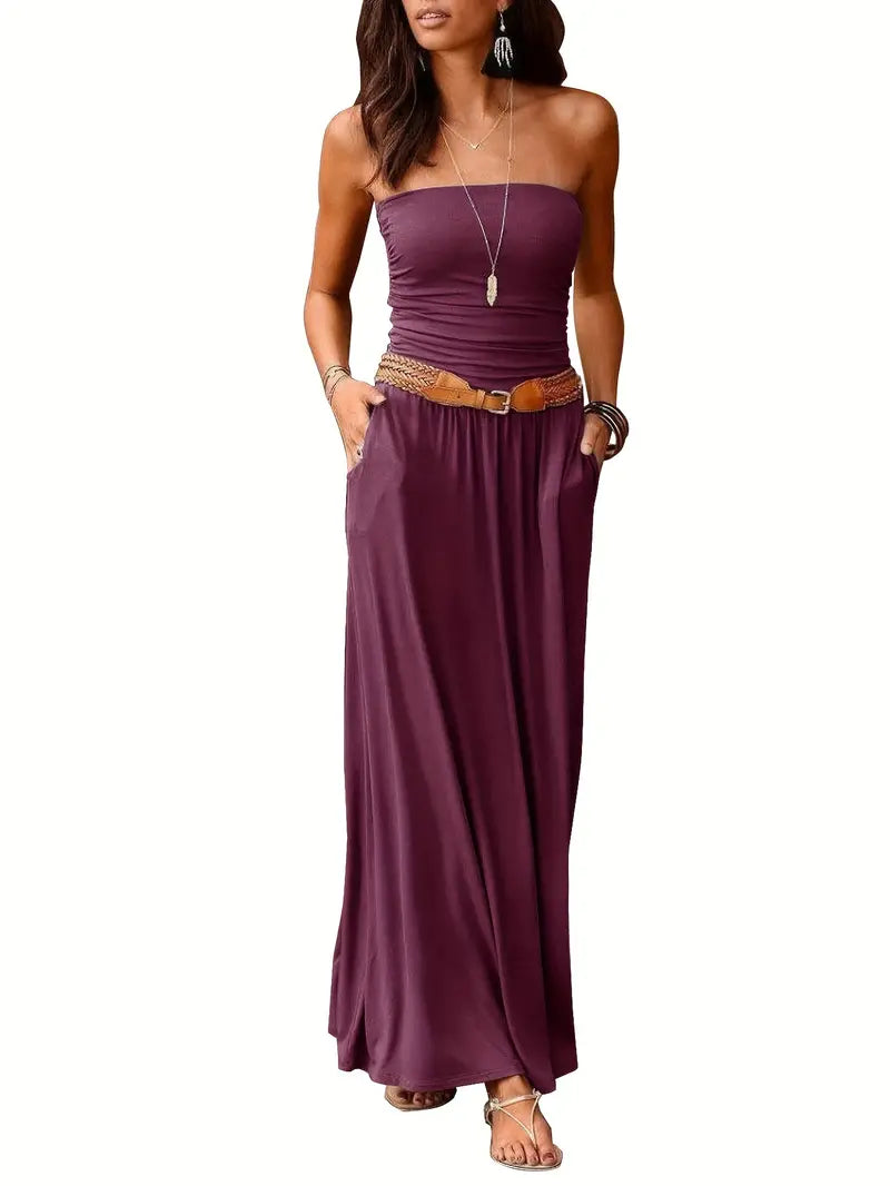 Vintage Solid Versatile Strapless Maxi Dress with Pockets