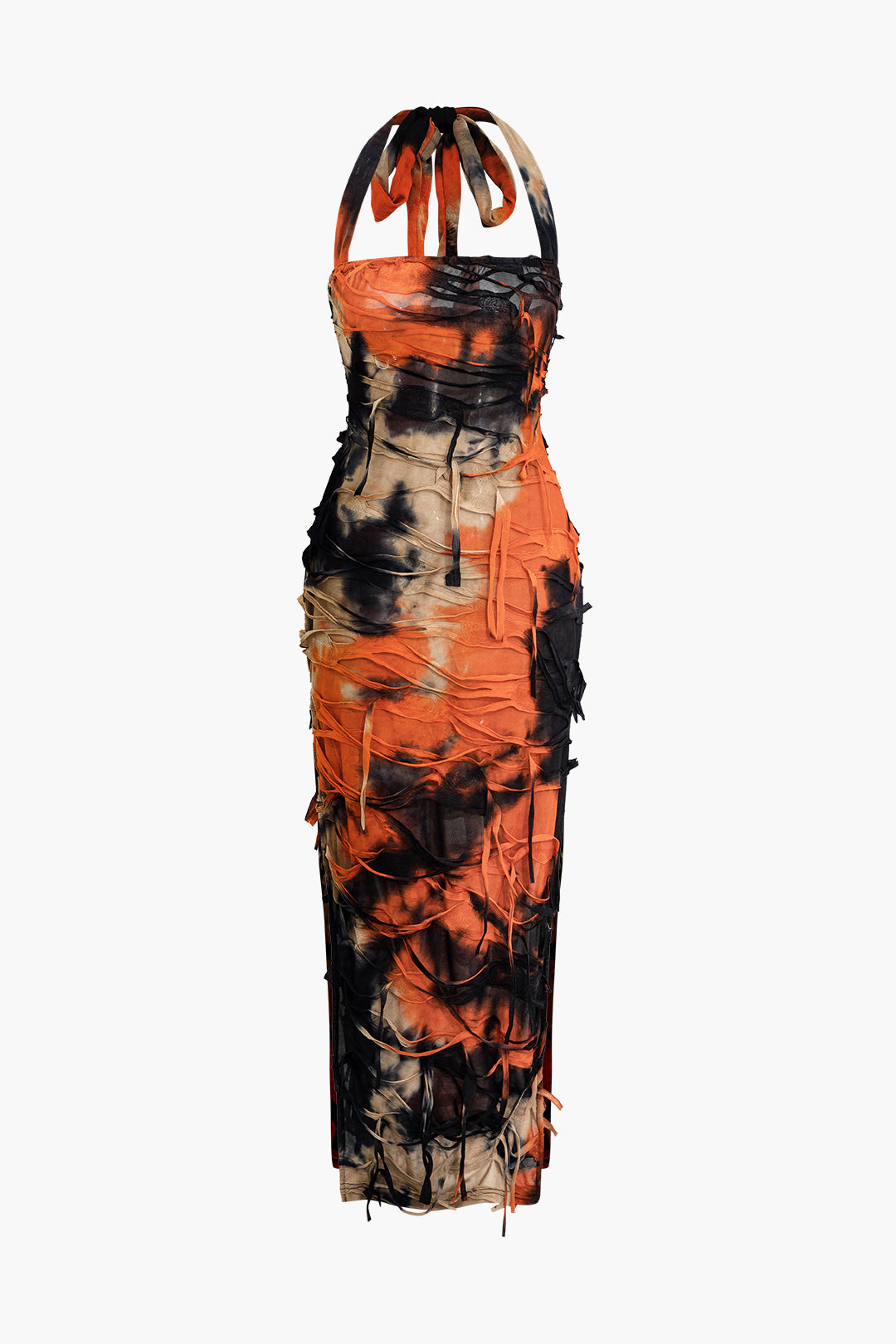 Vintage Tie Dye Distressed Mesh Maxi Dress with Slit