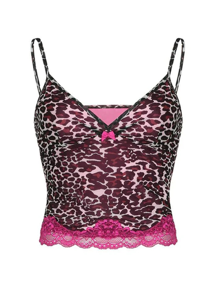 Rosa Vintage Leopardenmuster Spitzenbesatz Cami Top