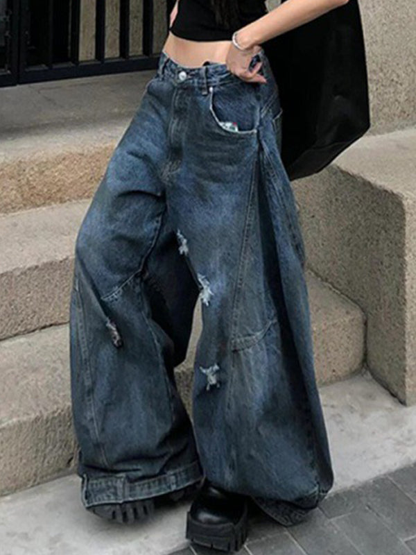 Blaue Retro Distressed Wide Leg Boyfriend Jeans