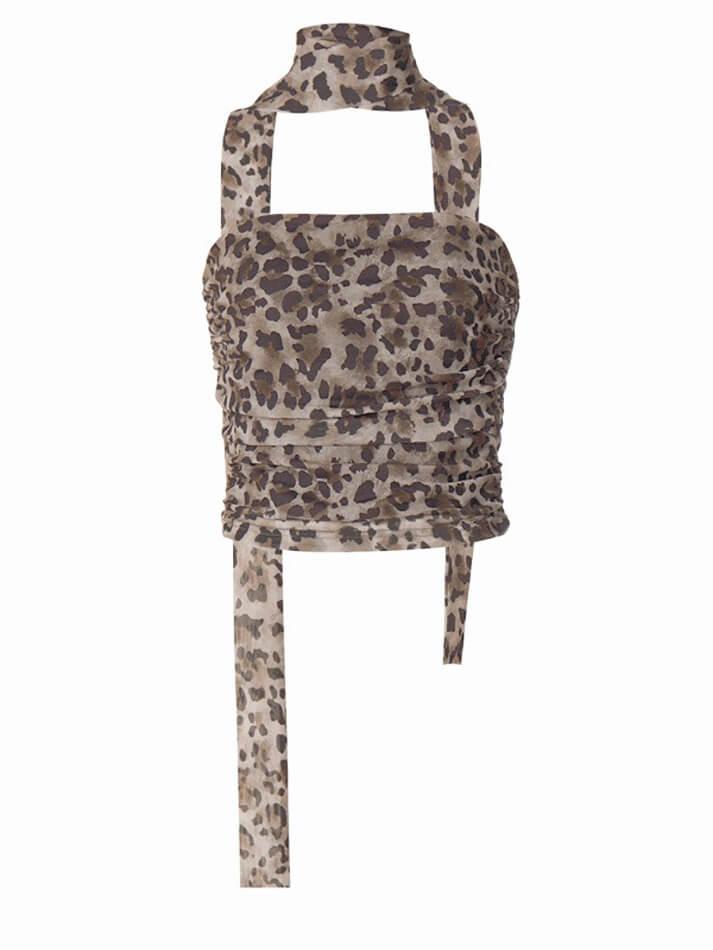 Y2k Leopard Print Mesh Slim Halter Tube Top