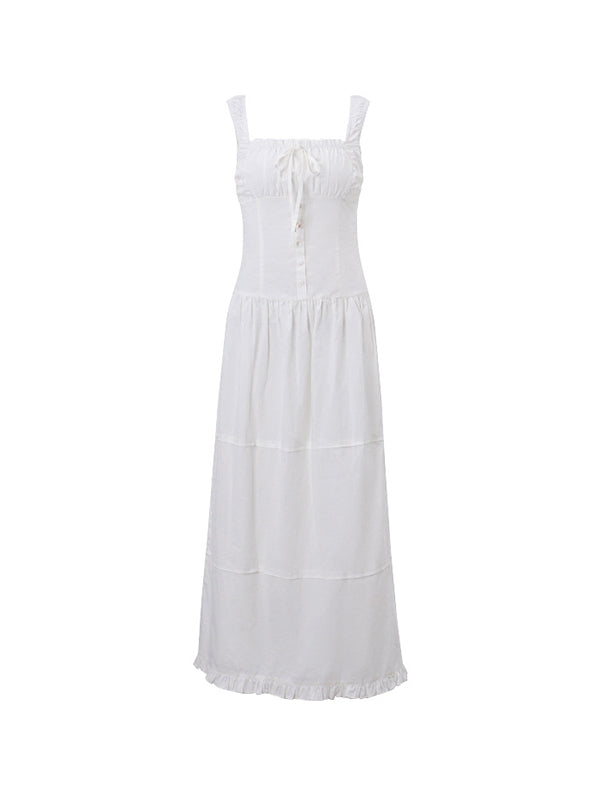 White French pleated slim midi dress with lace lacing