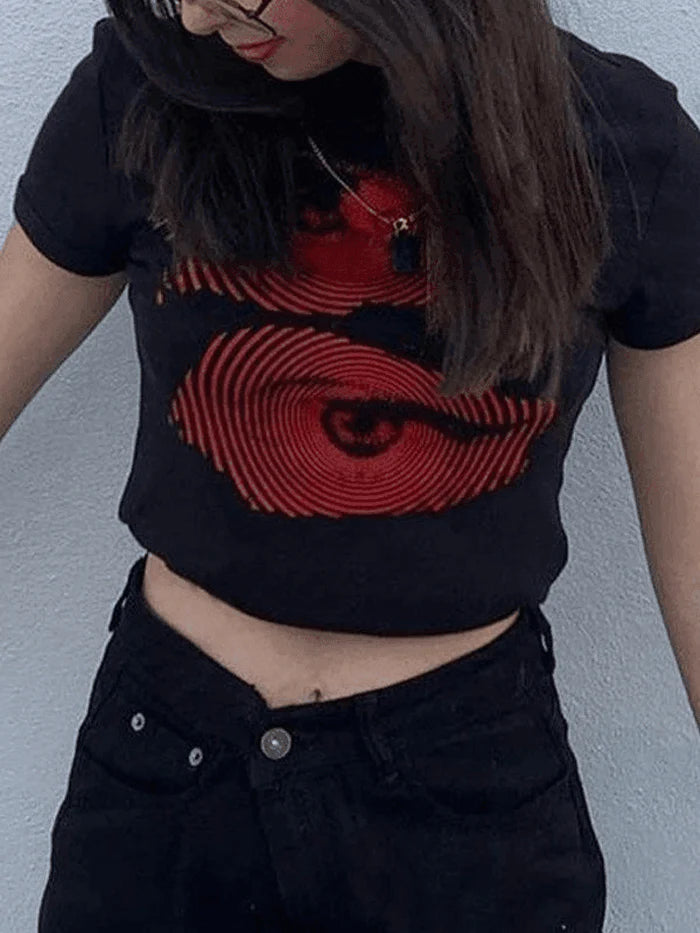 Black Y2K Baby Crop Top with Eye Pattern