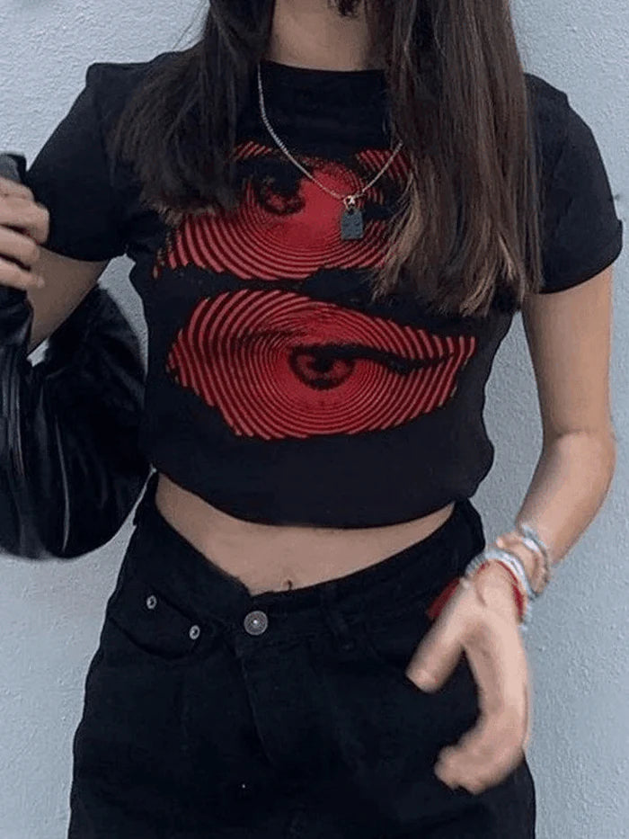 Black Y2K Baby Crop Top with Eye Pattern