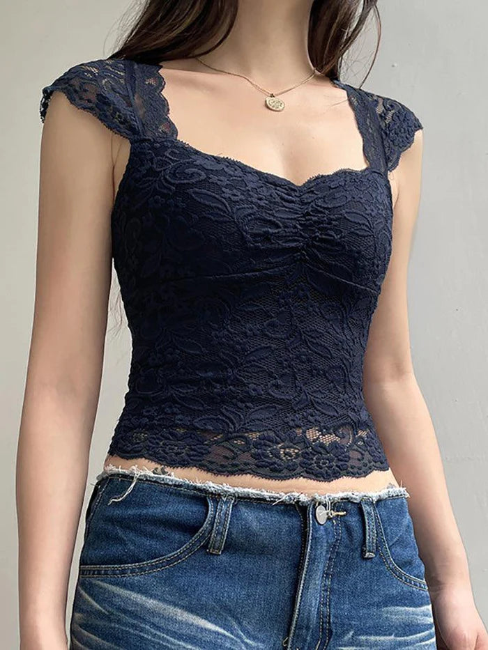 Top a maniche corte slim in pizzo vintage blu navy