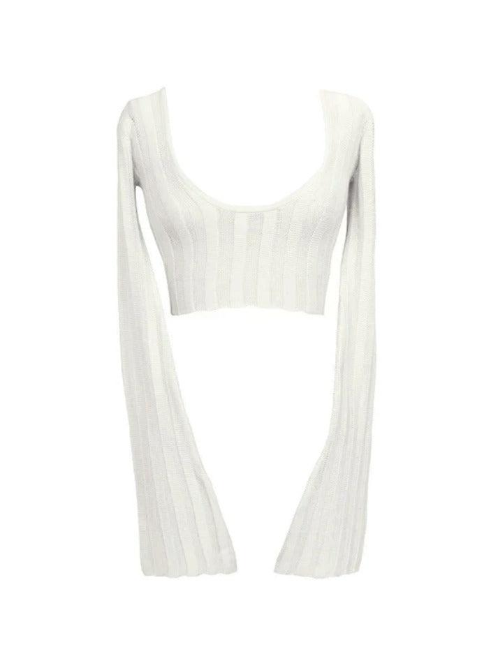 White Vintage Deep Neck Long Sleeve Top