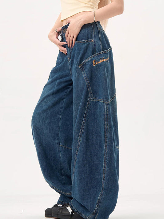 Vintage Blaue Boyfriend Jeans mit Großen Taschen und Weitem Krummschnitt