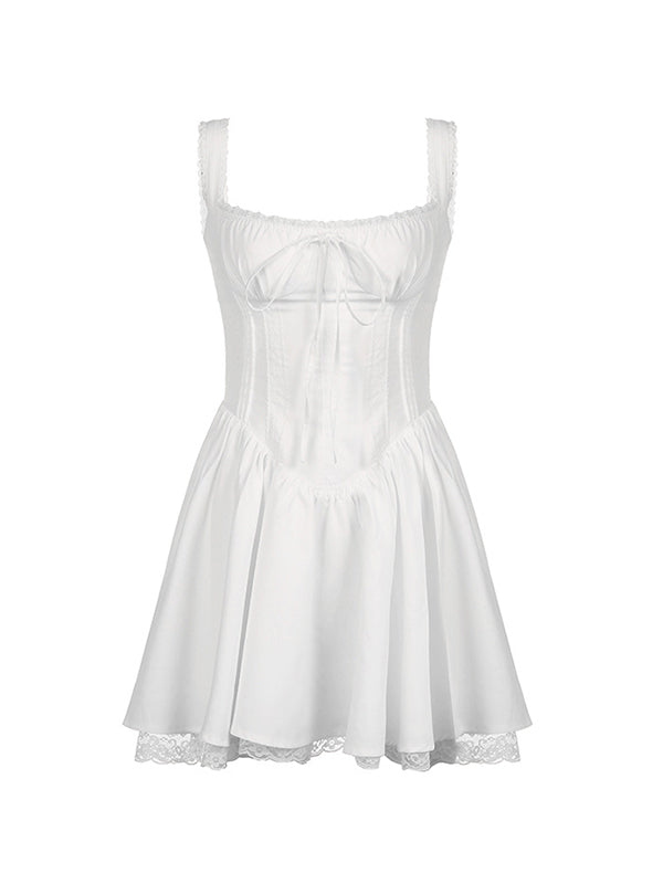 White French Sweet Lace Panel Pleated Dress