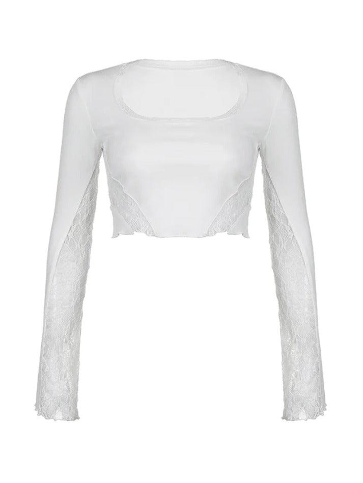 JY White T2K Lace Splice U Neck Cropped Long Sleeve Top/ White Y2K Lace Splice U Neck Cropped Long Sleeve Top