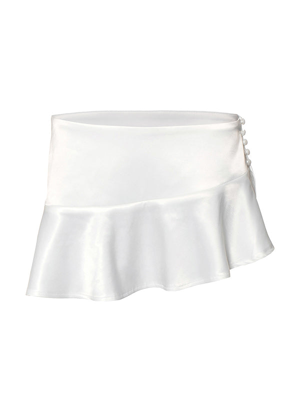 White vintage ruffle mini skirts with pearl buckle