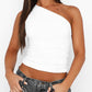 White Vintage One Shoulder Ruffle Tank Top