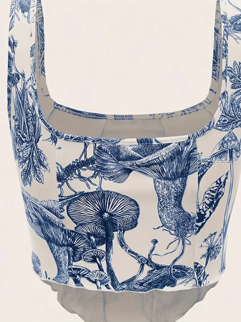 Vintage plant print sleeveless tank top