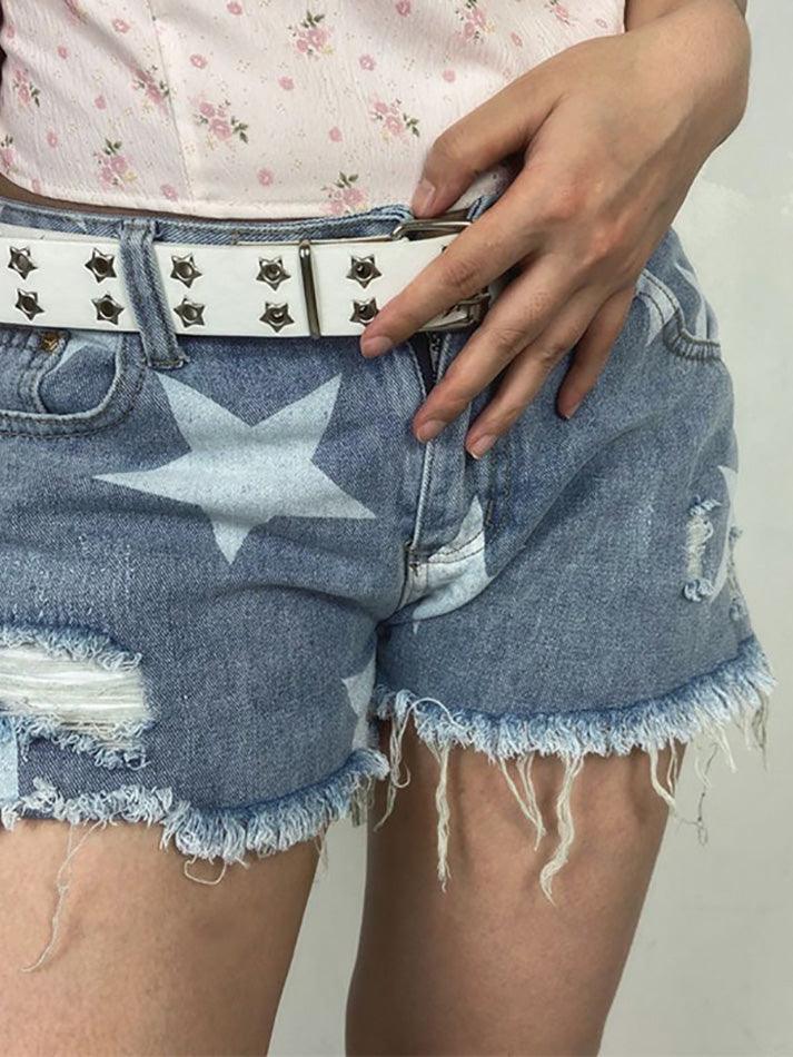 Blaue Y2K Sternenmuster Zerrissene Low Rise Denim Shorts