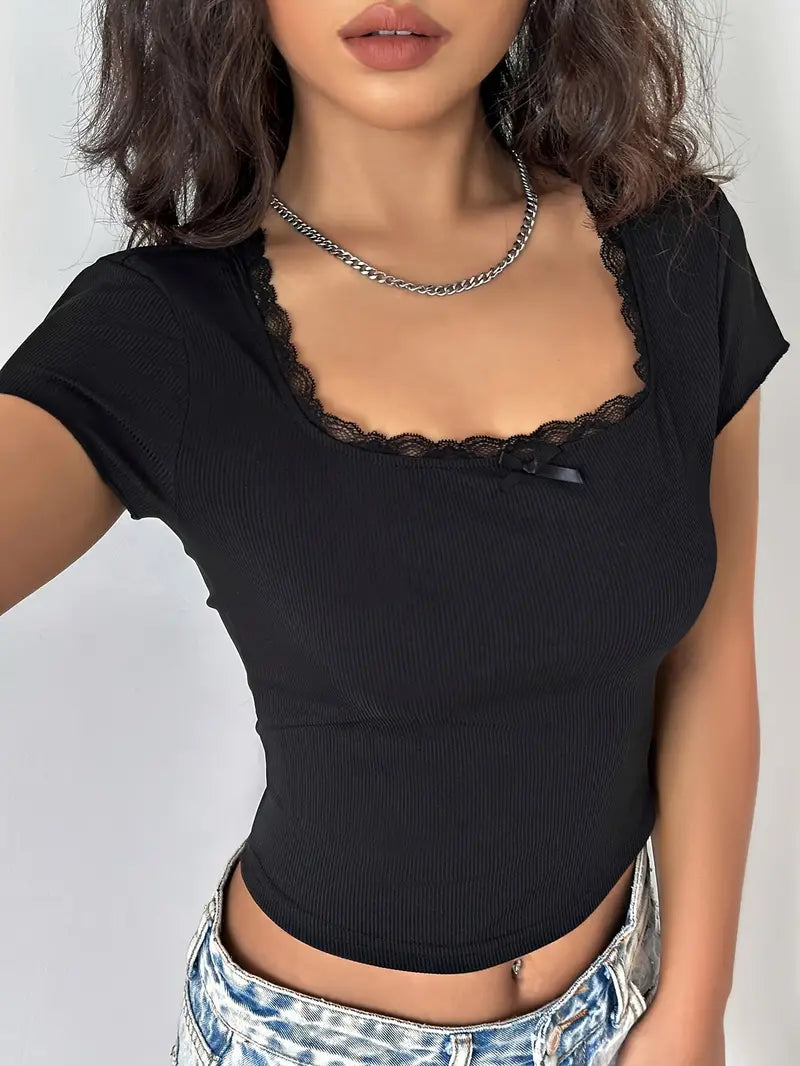 Vintage Lace Trim Crop Top with Square Neckline