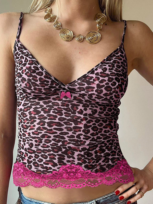 Vintage camisole top with lace trim and leopard print