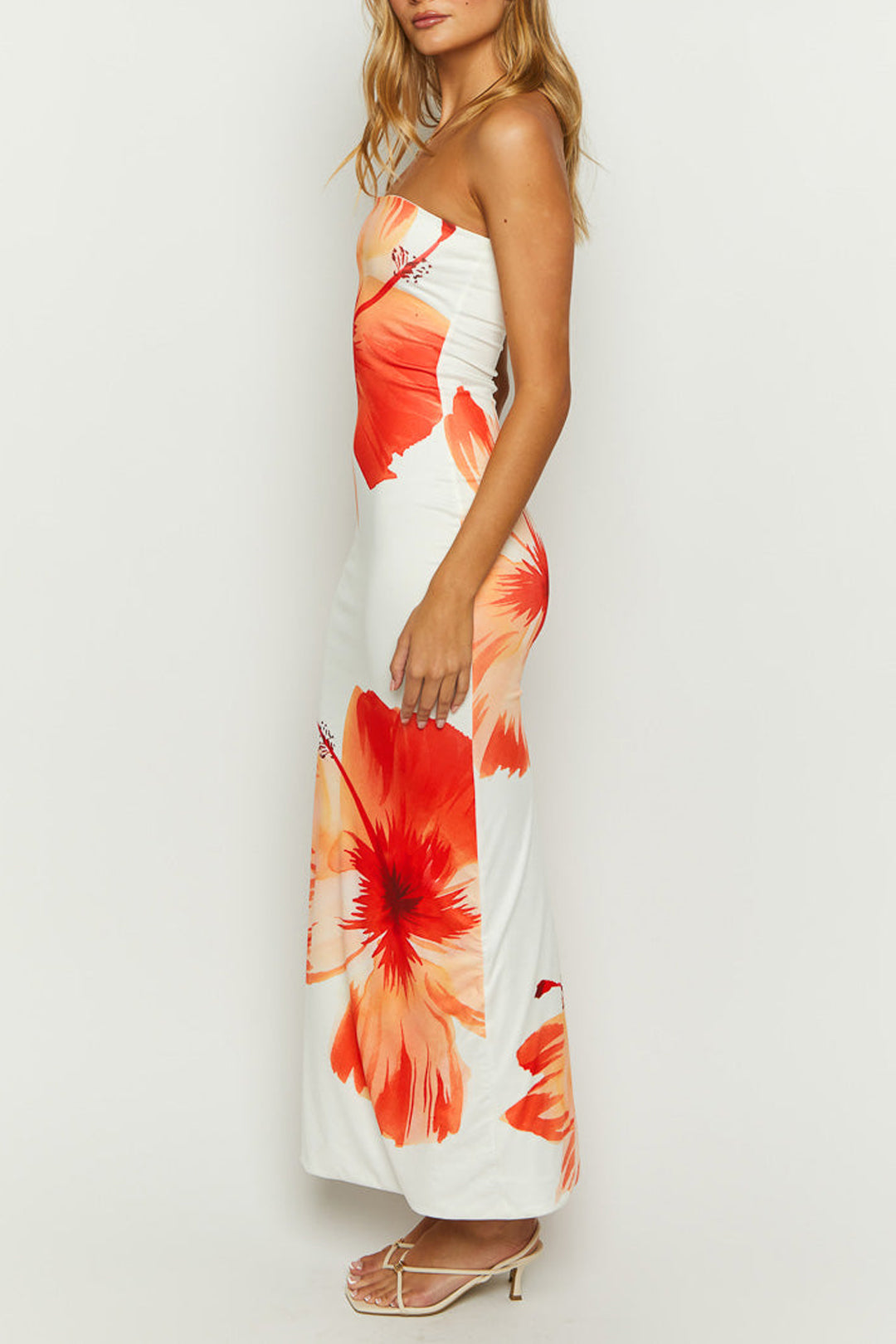 Sunny Floral Cascade Strapless Slim Midi Dress