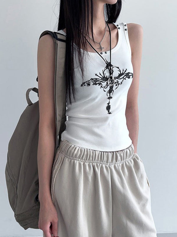 White Gothic Print Studded Tank Top