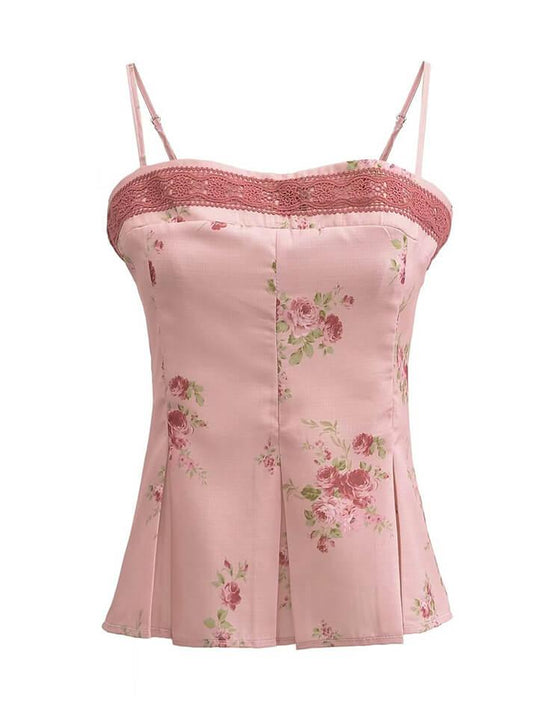 Rosa Vintage Blumenspitzenbesatz Cami Top