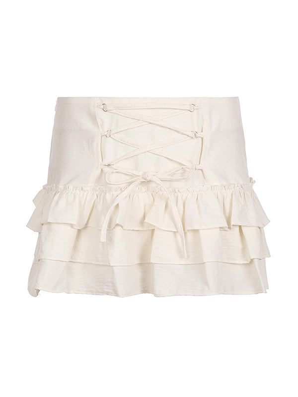 White Sweet Wrap Ruffle Mini Skirt with Lace Hem and Tiered Inserts