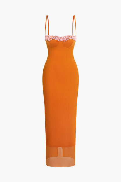 Orange Cami Midikleid mit Spitzenbesatz