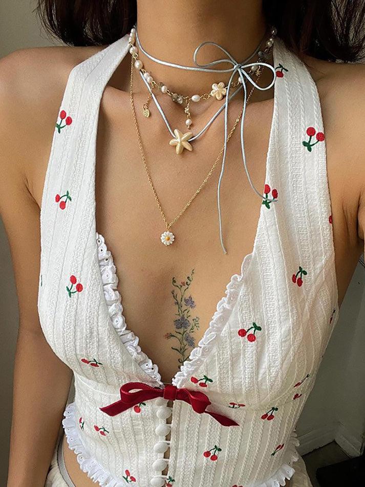 JY White Sweet Ruffled Cherry Embroidery Halter Neck Top