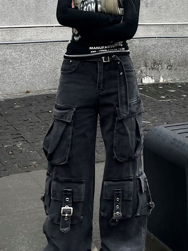 Schwarze Vintage Multi Taschen Cargo Jeans