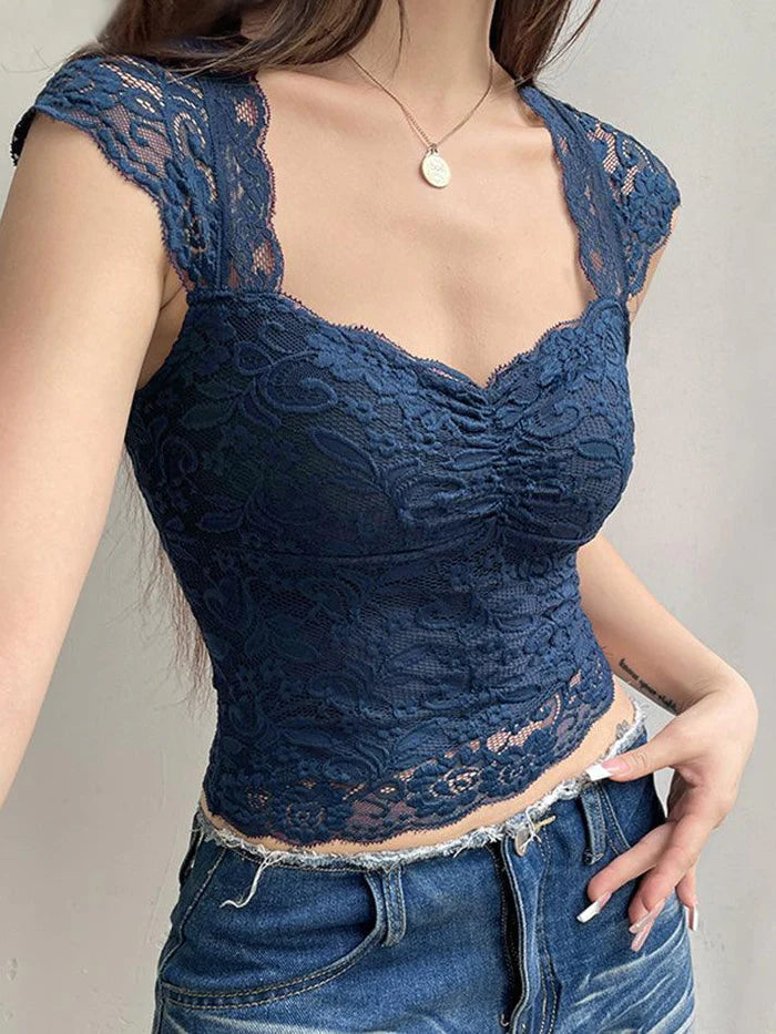 Top a maniche corte slim in pizzo vintage blu navy