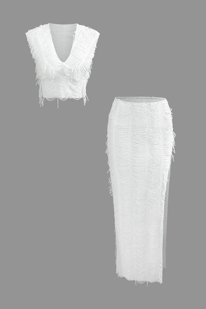 White Distressed Crop Top &amp; Slit Maxi Skirt Set