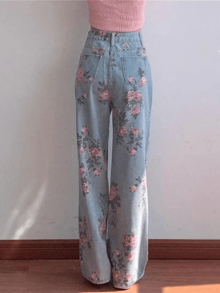 Y2K High Waisted Floral Boyfriend Jeans