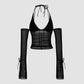 Black Halter Bandage Mesh Patch Top 