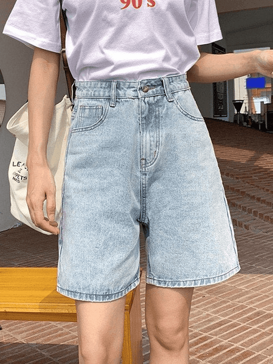 Blue Retro Denim High Waist Shorts with Straight Leg